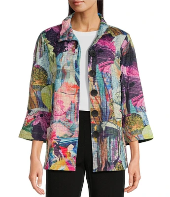 Ali Miles Petite Size Woven Abstract Print Wire Collar Long Sleeve Button-Front Jacket