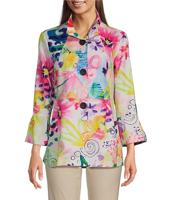 Ali Miles Petite Size Woven Abstract Wire Collar 3/4 Sleeve Button Front Jacket