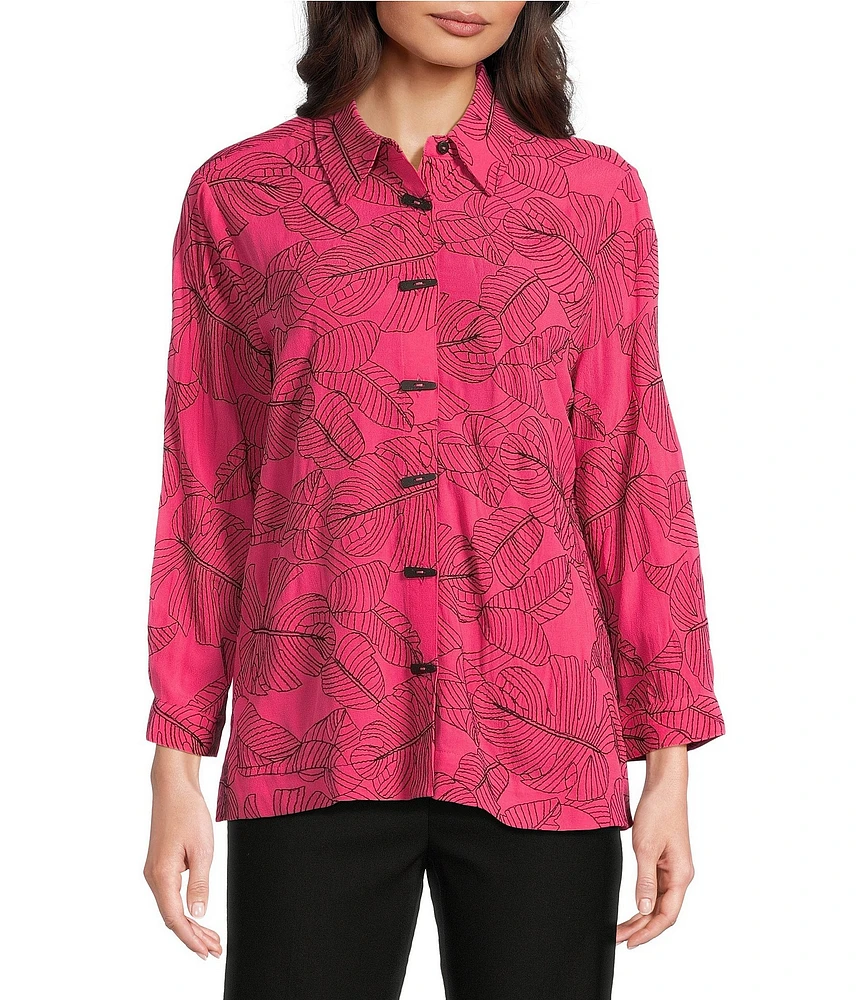 Ali Miles Petite Size Woven Allover Floral Embroidered Point Collar 3/4 Sleeve Button Front Tunic