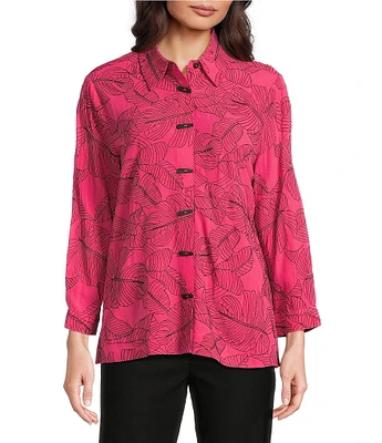 Ali Miles Petite Size Woven Allover Floral Embroidered Point Collar 3/4 Sleeve Button Front Tunic
