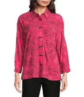 Ali Miles Petite Size Woven Allover Floral Embroidered Point Collar 3/4 Sleeve Button Front Tunic