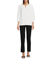 Ali Miles Petite Size Woven Clipped Jacquard Split V-Neck 3/4 Sleeve Tunic
