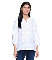 Ali Miles Petite Size Woven Clipped Jacquard Split V-Neck 3/4 Sleeve Tunic