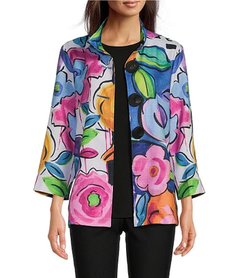 Ali Miles Petite Size Woven Floral Wire Collar 3/4 Sleeve Button Front Jacket
