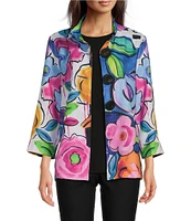 Ali Miles Petite Size Woven Floral Wire Collar 3/4 Sleeve Button Front Jacket
