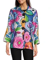 Ali Miles Petite Size Woven Floral Wire Collar 3/4 Sleeve Button Front Jacket