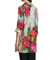 Ali Miles Petite Size Woven Floral Wire Neck 3/4 Cuff Sleeve Button-Front Tunic