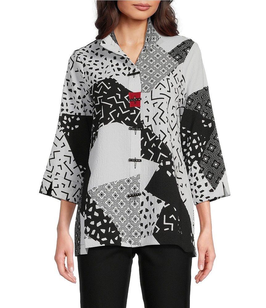 Ali Miles Petite Size Woven Geometric Abstract Print Wire Collar 3/4 Sleeve Button-Front Tunic