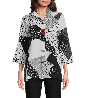 Ali Miles Petite Size Woven Geometric Abstract Print Wire Collar 3/4 Sleeve Button-Front Tunic