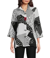 Ali Miles Petite Size Woven Geometric Abstract Print Wire Collar 3/4 Sleeve Button-Front Tunic