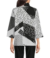 Ali Miles Petite Size Woven Geometric Abstract Print Wire Collar 3/4 Sleeve Button-Front Tunic