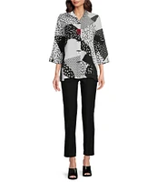 Ali Miles Petite Size Woven Geometric Abstract Print Wire Collar 3/4 Sleeve Button-Front Tunic