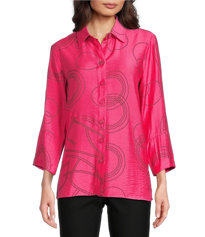 Ali Miles Petite Size Woven Geometric Print Point Collar 3/4 Sleeve Button Front Tunic