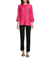 Ali Miles Petite Size Woven Geometric Print Point Collar 3/4 Sleeve Button Front Tunic