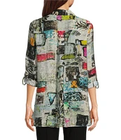 Ali Miles Petite Size Woven Impasto Abstract Print Point Collar 3/4 Roll-Tab Sleeve Hi-Low Hem Button-Front Tunic