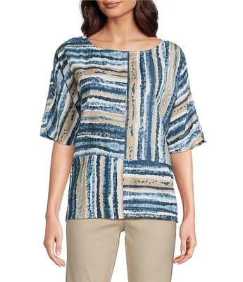 Ali Miles Petite Size Woven Linen Blend Abstract Stripe Round Neck Elbow Sleeve Sharkbite Hem Tunic