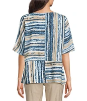 Ali Miles Petite Size Woven Linen Blend Abstract Stripe Round Neck Elbow Sleeve Sharkbite Hem Tunic