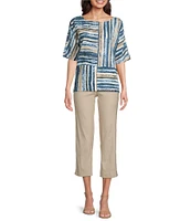 Ali Miles Petite Size Woven Linen Blend Abstract Stripe Round Neck Elbow Sleeve Sharkbite Hem Tunic