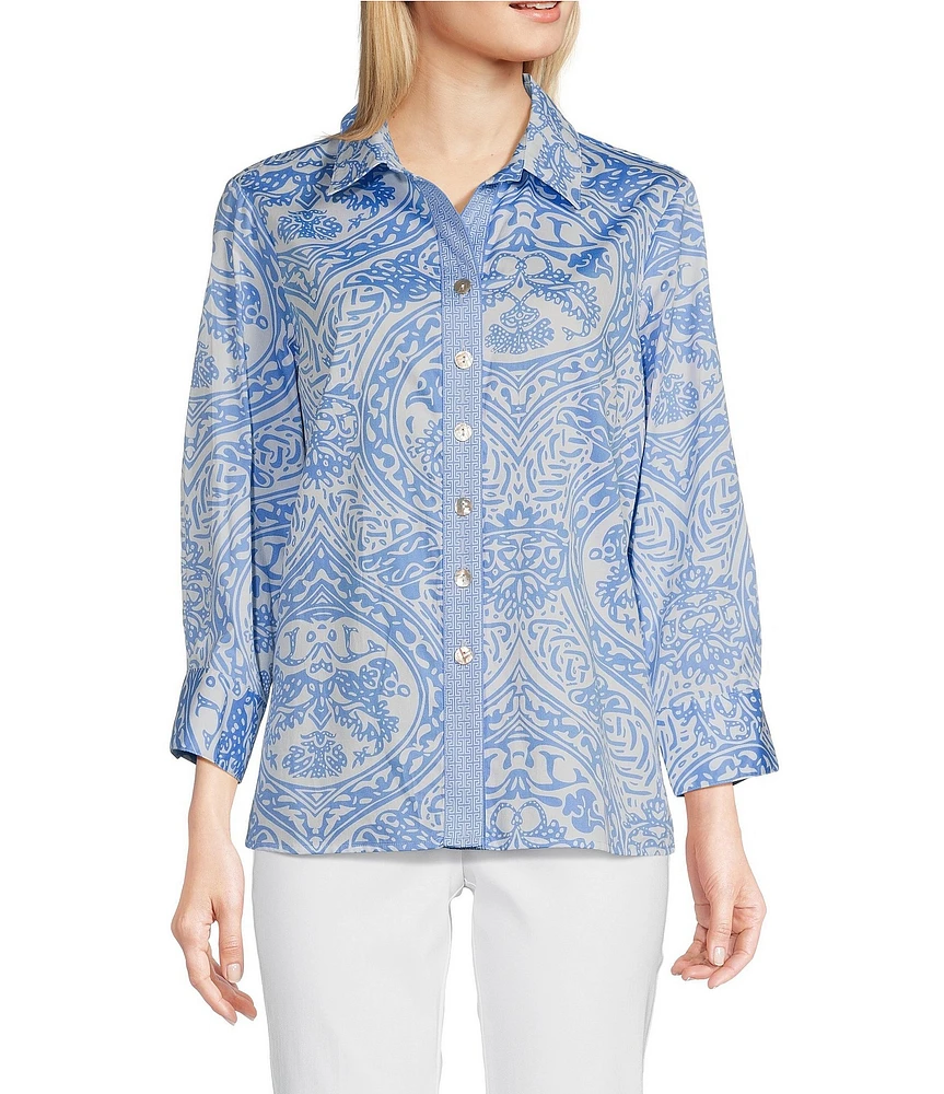 Ali Miles Petite Size Woven Printed Point Collar 3/4 Sleeve Button-Front Shirt