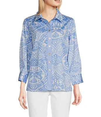Ali Miles Petite Size Woven Printed Point Collar 3/4 Sleeve Button-Front Shirt