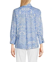 Ali Miles Petite Size Woven Printed Point Collar 3/4 Sleeve Button-Front Shirt