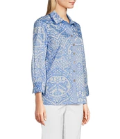 Ali Miles Petite Size Woven Printed Point Collar 3/4 Sleeve Button-Front Shirt