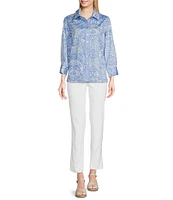 Ali Miles Petite Size Woven Printed Point Collar 3/4 Sleeve Button-Front Shirt