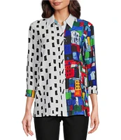 Ali Miles Petite Size Woven City Windowpane Print Point Collar 3/4 Sleeve Button Front Tunic