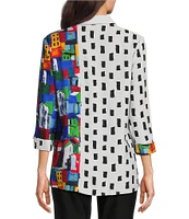 Ali Miles Petite Size Woven City Windowpane Print Point Collar 3/4 Sleeve Button Front Tunic