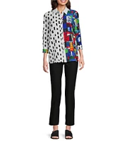 Ali Miles Petite Size Woven City Windowpane Print Point Collar 3/4 Sleeve Button Front Tunic