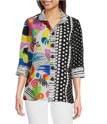 Ali Miles Petite Size Woven Printed Wire Collar 3/4 Sleeve Button Front Tunic