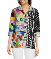 Ali Miles Petite Size Woven Printed Wire Collar 3/4 Sleeve Button Front Tunic