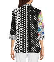 Ali Miles Petite Size Woven Printed Wire Collar 3/4 Sleeve Button Front Tunic