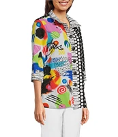 Ali Miles Petite Size Woven Printed Wire Collar 3/4 Sleeve Button Front Tunic