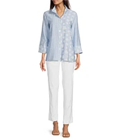 Ali Miles Petite Size Woven Printed Wire Collar 3/4 Sleeve Button Front Tunic