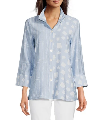Ali Miles Petite Size Woven Printed Wire Collar 3/4 Sleeve Button Front Tunic