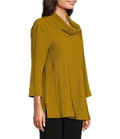 Ali Miles Petite Size Woven Pucker Textured Cowl Neck 3/4 Sleeve Asymmetrical Hem Tunic