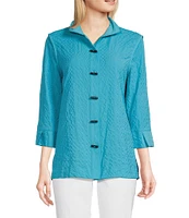 Ali Miles Petite Size Woven Textured Wire Collar 3/4 Sleeve Button Front Tunic