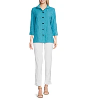 Ali Miles Petite Size Woven Textured Wire Collar 3/4 Sleeve Button Front Tunic