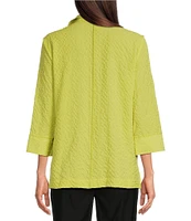 Ali Miles Petite Size Woven Textured Wire Collar 3/4 Sleeve Button Front Tunic