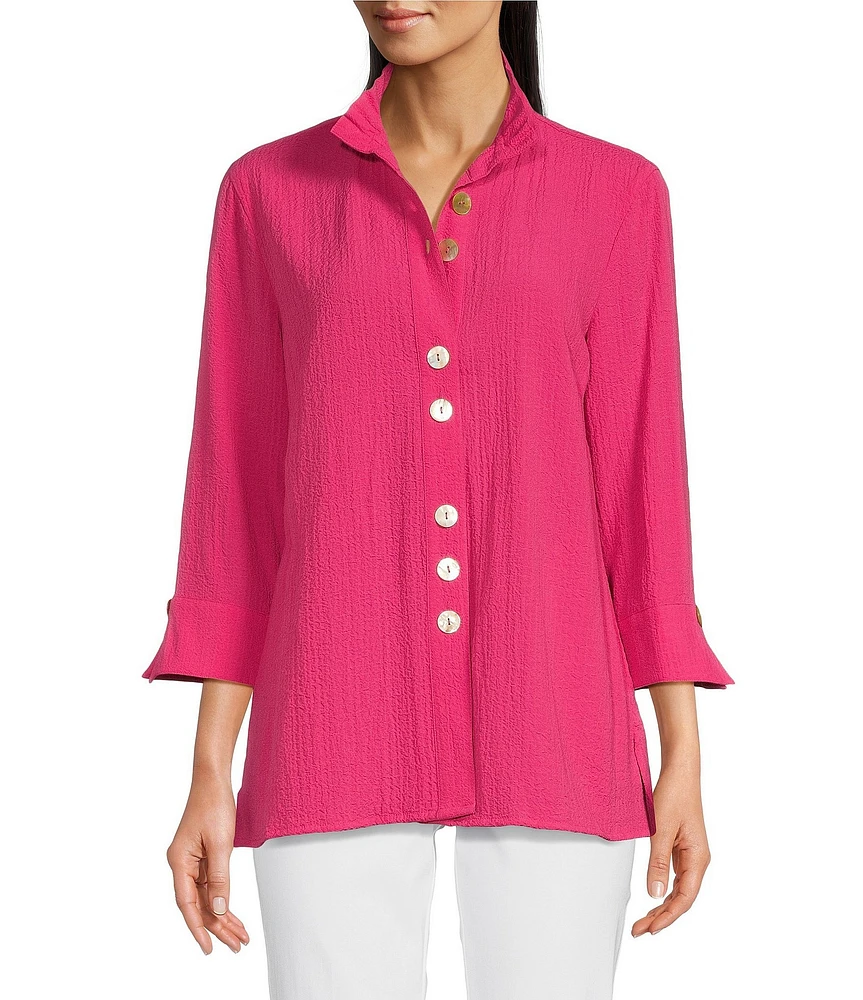 Ali Miles Petite Size Woven Wire Collar 3/4 Sleeve Button Front Tunic