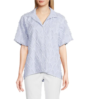 Ali Miles Petite Size Yarn-Dye Clipped Jacquard Printed Point Collar Short Sleeve Button Front Shirt
