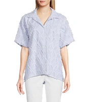 Ali Miles Petite Size Yarn-Dye Clipped Jacquard Printed Point Collar Short Sleeve Button Front Shirt