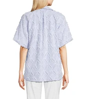 Ali Miles Petite Size Yarn-Dye Clipped Jacquard Printed Point Collar Short Sleeve Button Front Shirt