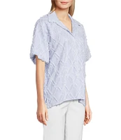 Ali Miles Petite Size Yarn-Dye Clipped Jacquard Printed Point Collar Short Sleeve Button Front Shirt