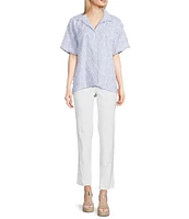 Ali Miles Petite Size Yarn-Dye Clipped Jacquard Printed Point Collar Short Sleeve Button Front Shirt