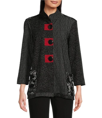 Ali Miles Petite Sze Knit Jacquard Mix Print Mandarin Collar Long Sleeve Button-Front Jacket