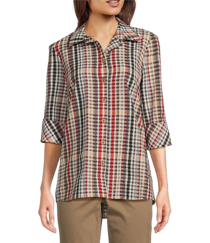 Ali Miles Plaid Point Collar 3/4 Sleeve Button Down Top