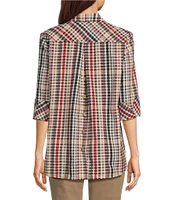 Ali Miles Plaid Point Collar 3/4 Sleeve Button Down Top