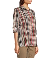 Ali Miles Plaid Point Collar 3/4 Sleeve Button Down Top